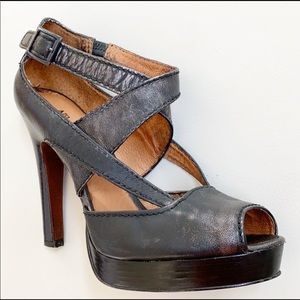 704b. Distressed Metallic Peep Toe Platform Heels